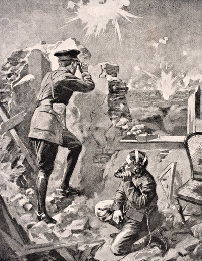 1916年にロンドンで発行された「The War Illustrated Album deLuxe」から、前方警備隊が忍び寄る砲撃の影響を観察 作： English School